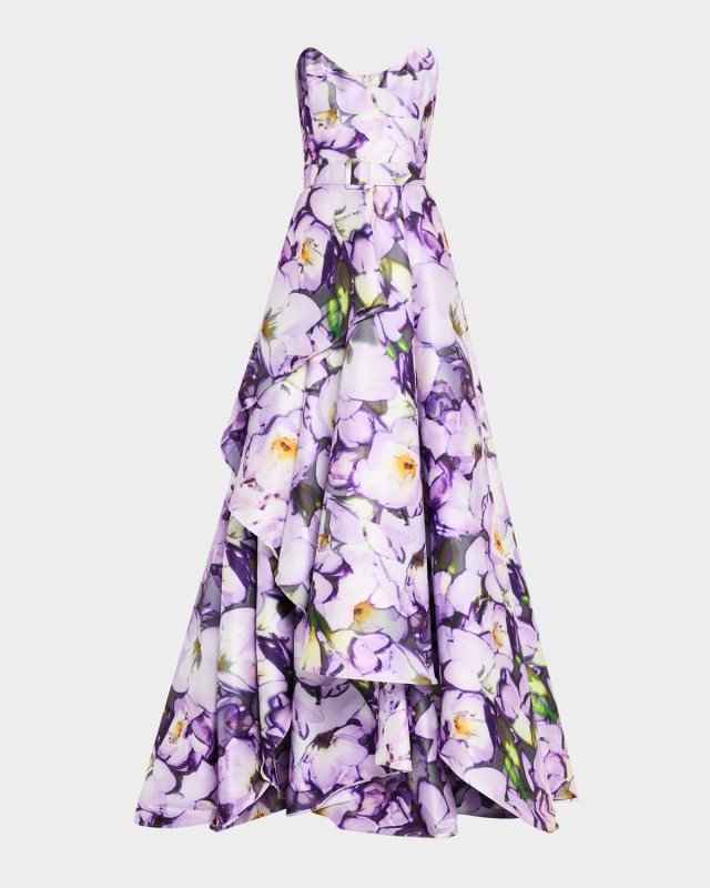 Strapless Floral-Print Ruffle Gown